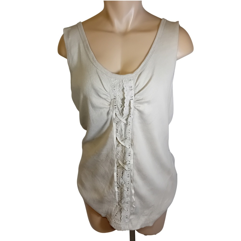 New NWT Vintage Faded Glory Plus Size Cream Eyelet Lace Up Tank Top Boho 22W/24W